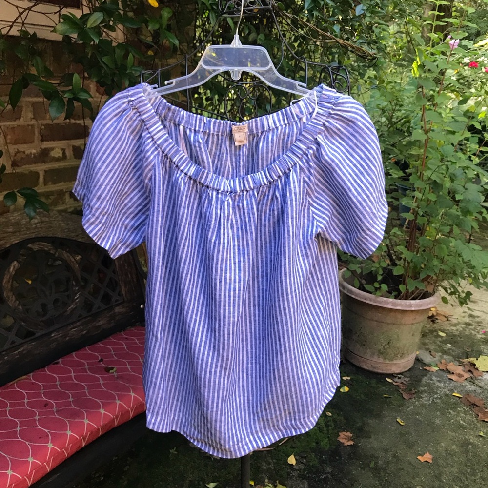 J. Crew- BLUE/WHITE STRIPE LINEN PEASANT SHIRT BLOUSE TOP- Size Small- EUC